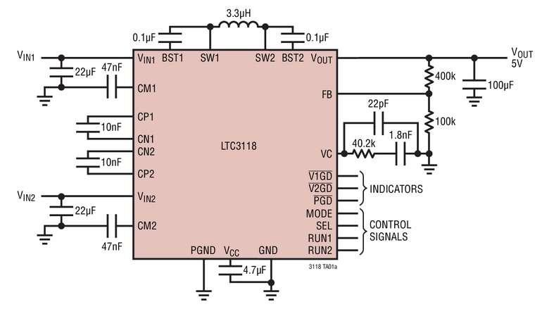  Convertisseur DC/DC, abaisseur-�l�vateur, synchrone, 18V, 2A, � contr�le PowerPath des deux entr�es, permettant des ent�es multiples et des dur�es de fonctionnement accrues