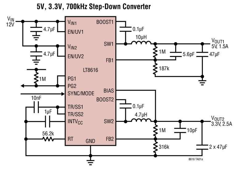 Double convertisseur (2,5A + 1,5A), abaisseur, synchrone, rendement de 95%, fonctionnant sur des tensions d�entr�e de 3,4V � 42V