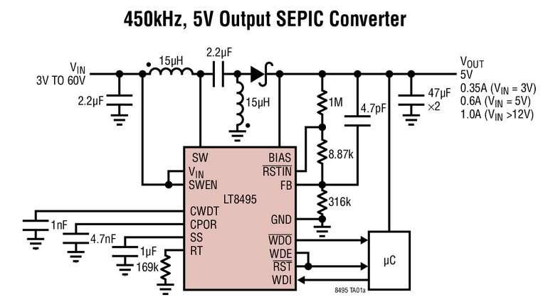 Convertisseur �l�vateur, SEPIC, 70V, 2A, pour l�automobile, courant de repos de 9�A, comprenant une r�initialisation � la mise en marche et une minuterie chien de garde