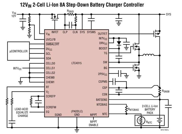 Contr�leur pour chargeur de batterie, entr�e 35V / sortie 35V, abaisseur, synchrone, avec courant de charge de 20A, fonctionnement sur batteries de compositions chimiques diverses et t�l�m�trie num�rique