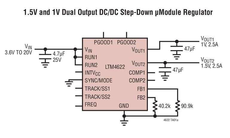 R�gulateur �Module, double 2,5A, simple 5A, ultraplat en bo�tier LGA 6,25mm x 6,25mm x 1,8mm
