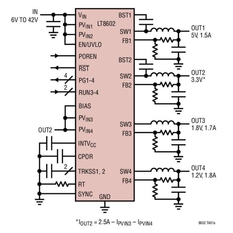 Quadruple convertisseur, abaisseur, synchrone, 42V, rendement de 93%, fonctionnant sur des tensions d�entr�e de 3V � 42V