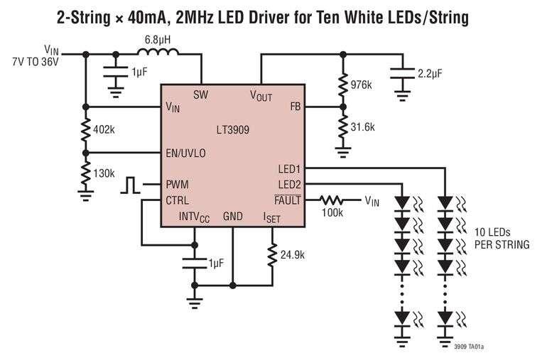 Contr�leur de deux guirlandes LED 50mA, mode �l�vateur, 2MHz