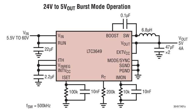 R�gulateur abaisseur, synchrone, 60V, 4A, avec r�glage de la tension de sortie rail � rail et compensation des chutes de tension dans les c�bles