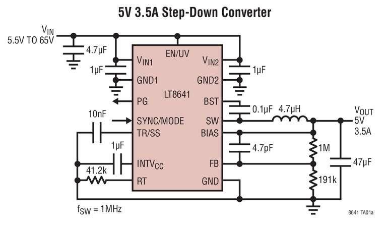 R�gulateur Silent Switcher, abaisseur, synchrone, 65V, 3,5A / 5A cr�te en sortie, rendement de 94% � 2MHz et tr�s faibles �missions IEM