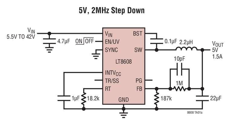 Convertisseur DC/DC, abaisseur, synchrone, 1,5A, rendement de 93% � 2MHz et fonctionnant sur des tensions d�entr�e de 3,0V � 42V