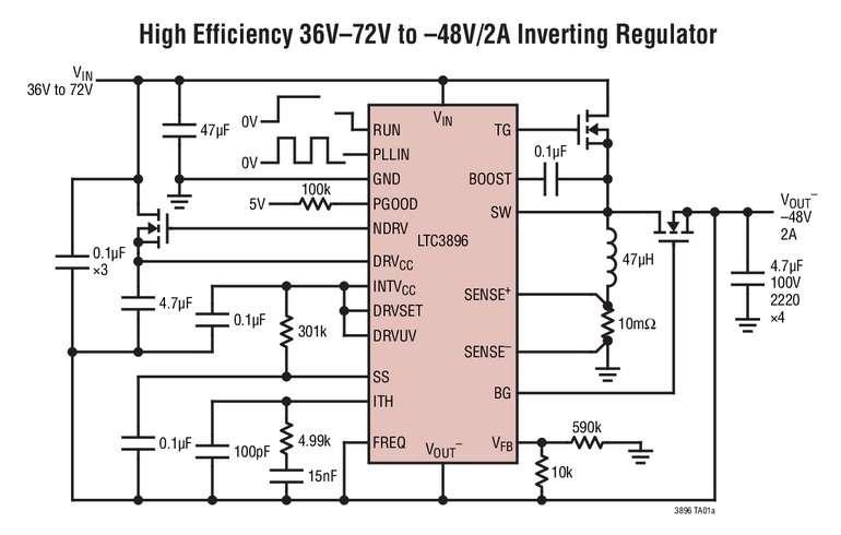 Contr�leur DC/DC, 150V, inverseur, synchrone, faible courant de repos IQ, fonctionnant avec une seule inductance et des broches de contr�le r�f�renc�es � la masse